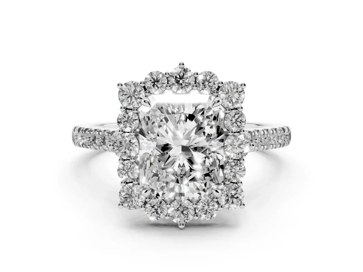 Radiant Cut Halo Diamond Ring with Pavé Band and Prong Setting Platinum