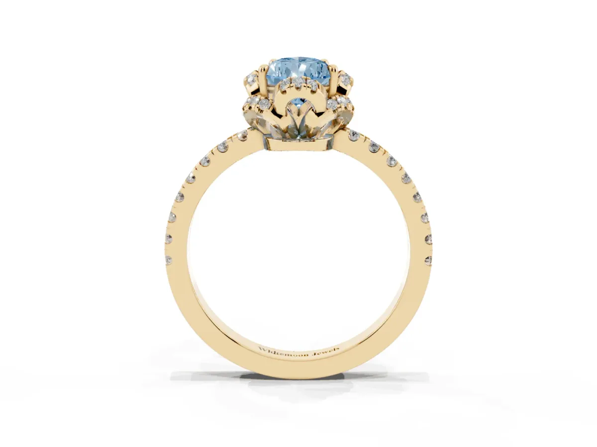 Fancy Blue Pear Cut Diamond Halo Pave Band with Four-Prong Setting Yellow gold
