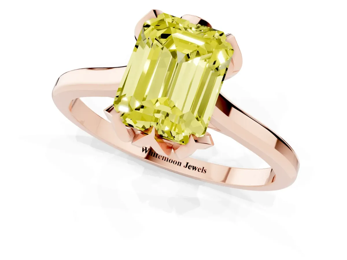 Fancy Yellow Emerald Cut Diamond Solitaire Ring with Flower Prong Setting and Classic Band Rose gold