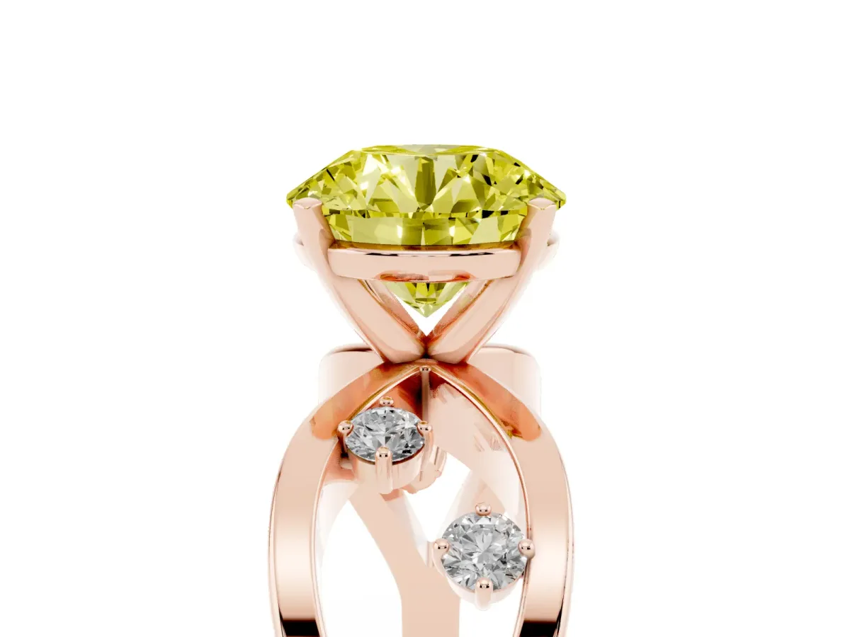 Fancy Yellow Round Cut Cut Solitaire Diamond with Side Stones on Criss-Cross Band and Four-Prong Setting Rose gold