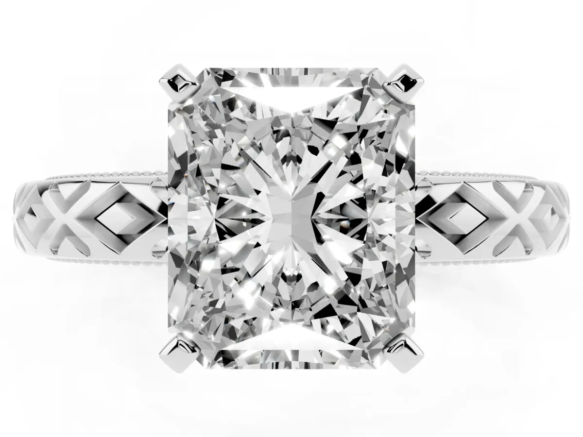 Radiant Cut Solitaire Diamond Ring with Milgrain and Black Enamel X Pattern Band Silver