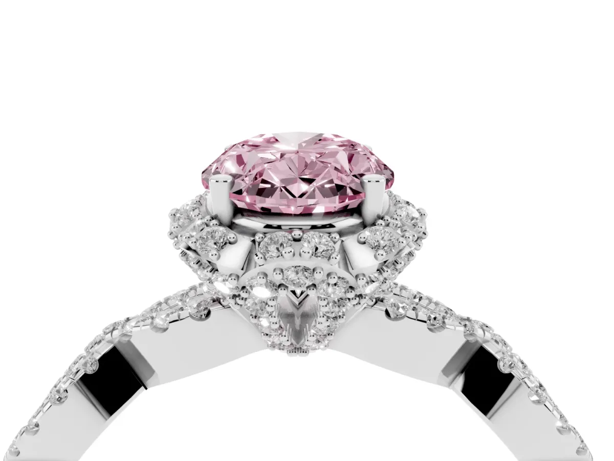 Fancy Pink Oval Cut Halo Twist Band Solitaire Ring with Six-Prong Setting Silver