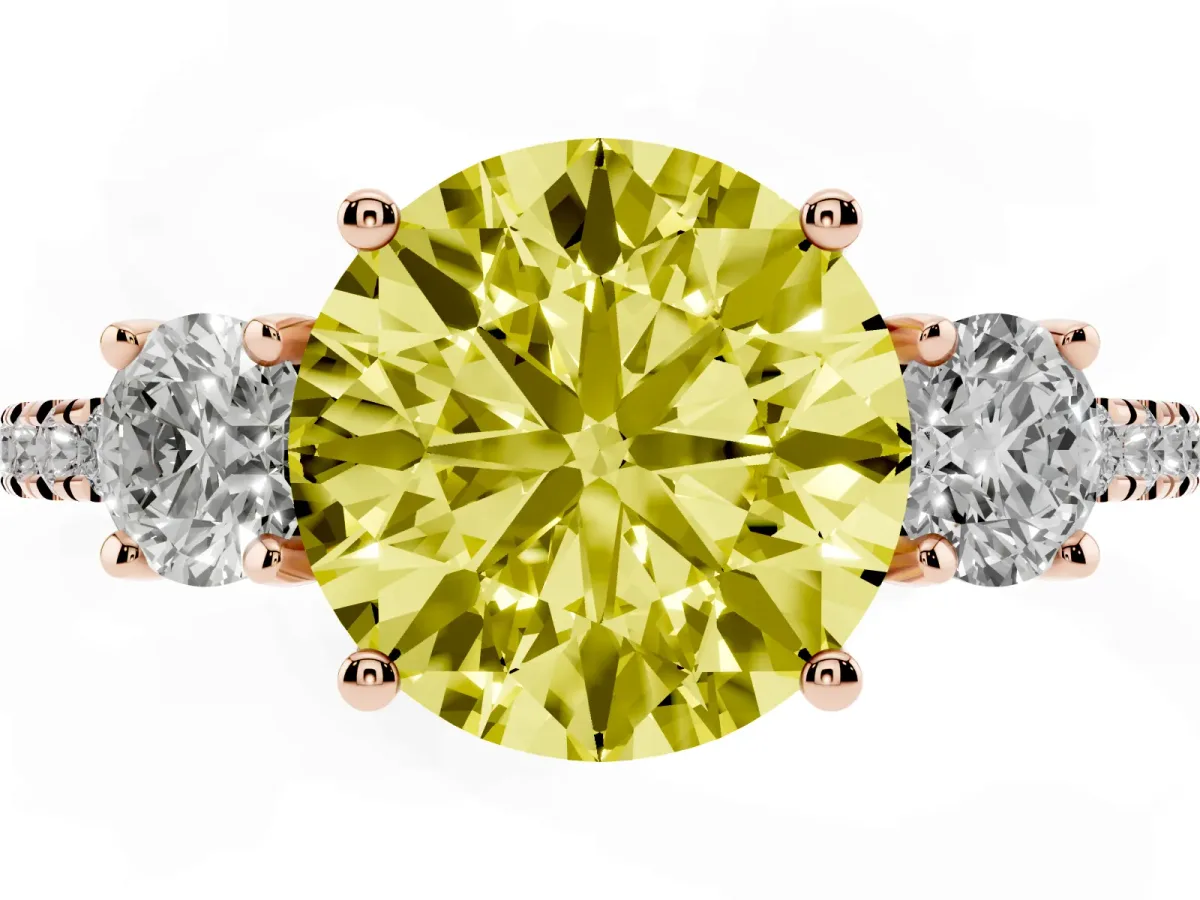 Fancy Yellow Three-Stone Round Cut Cut Diamond Pavé Band with Prong Setting Rose gold