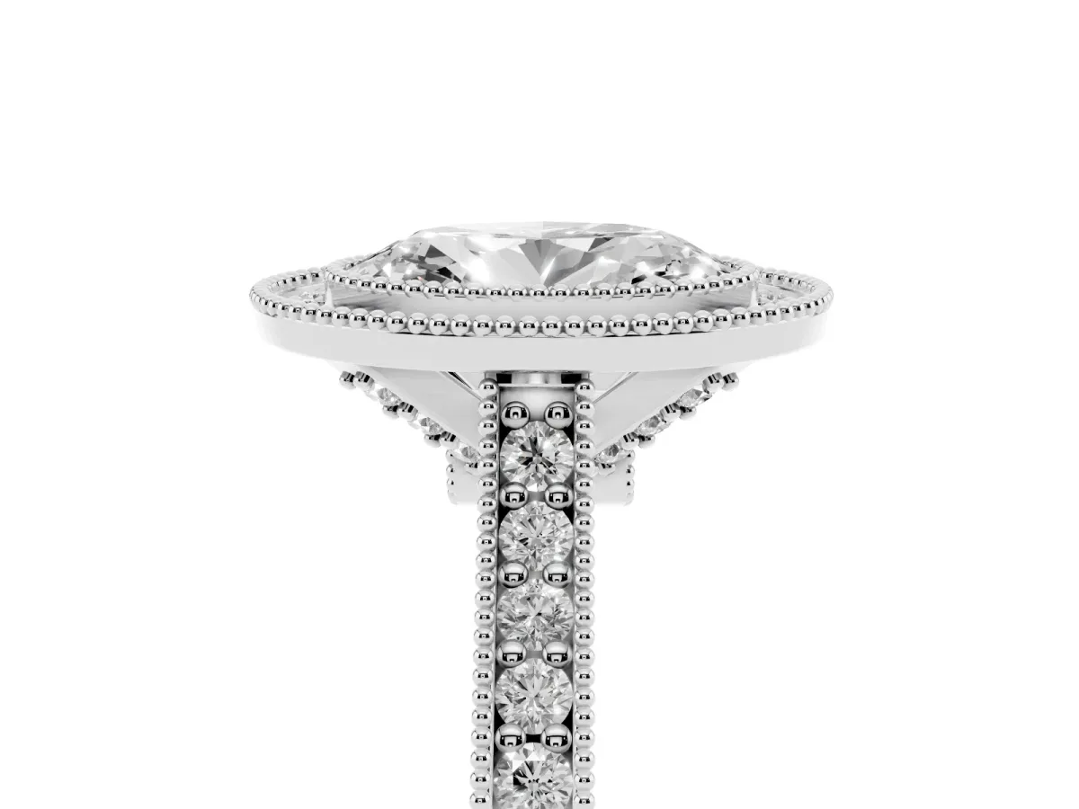 Halo Oval Cut-Cut Diamond Pave Band Milgrain Prong Setting Ring Silver