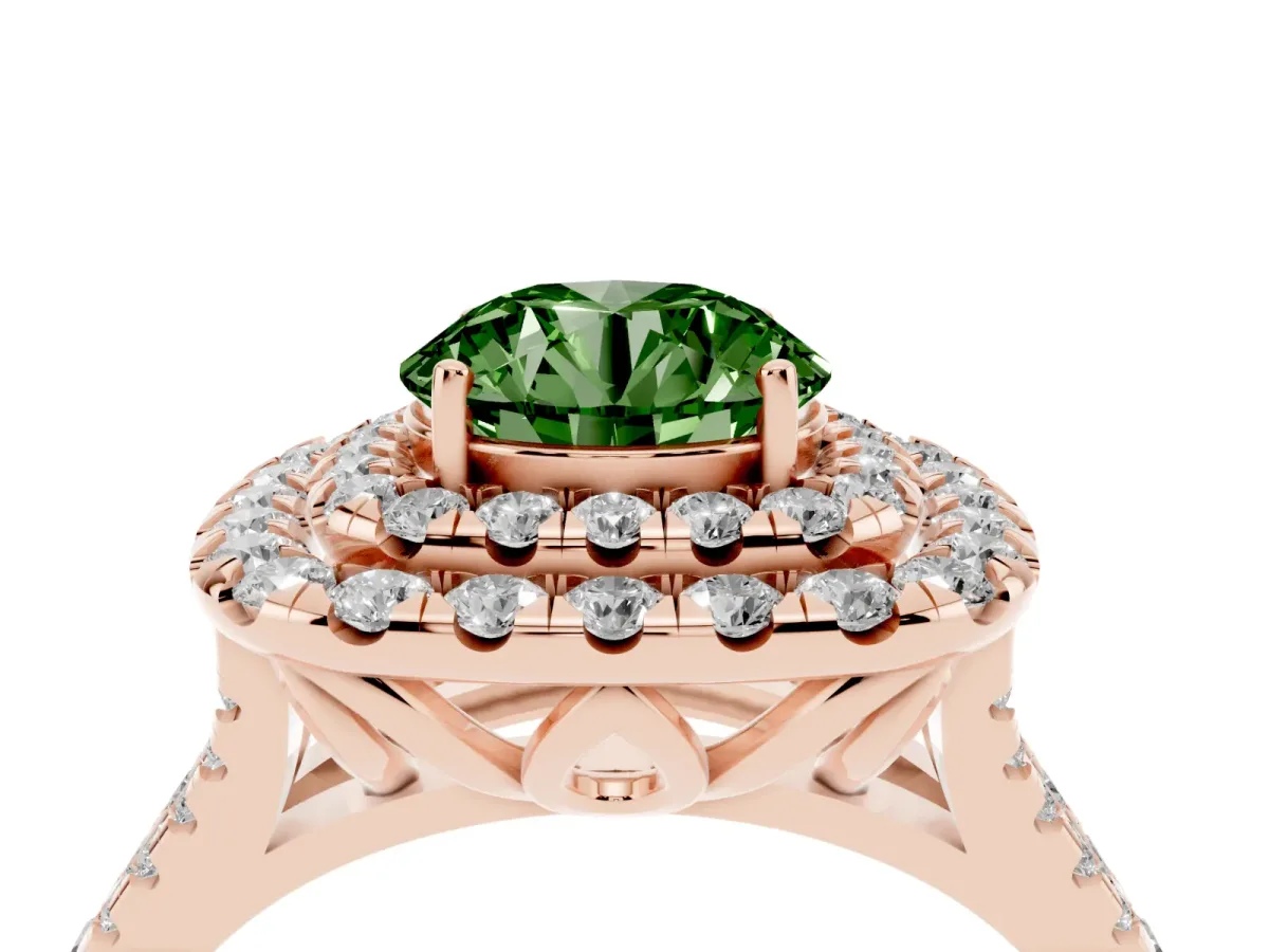 Fancy Green Double Halo Round Cut Diamond Pavé Split Shank Ring with Prong Setting Rose gold