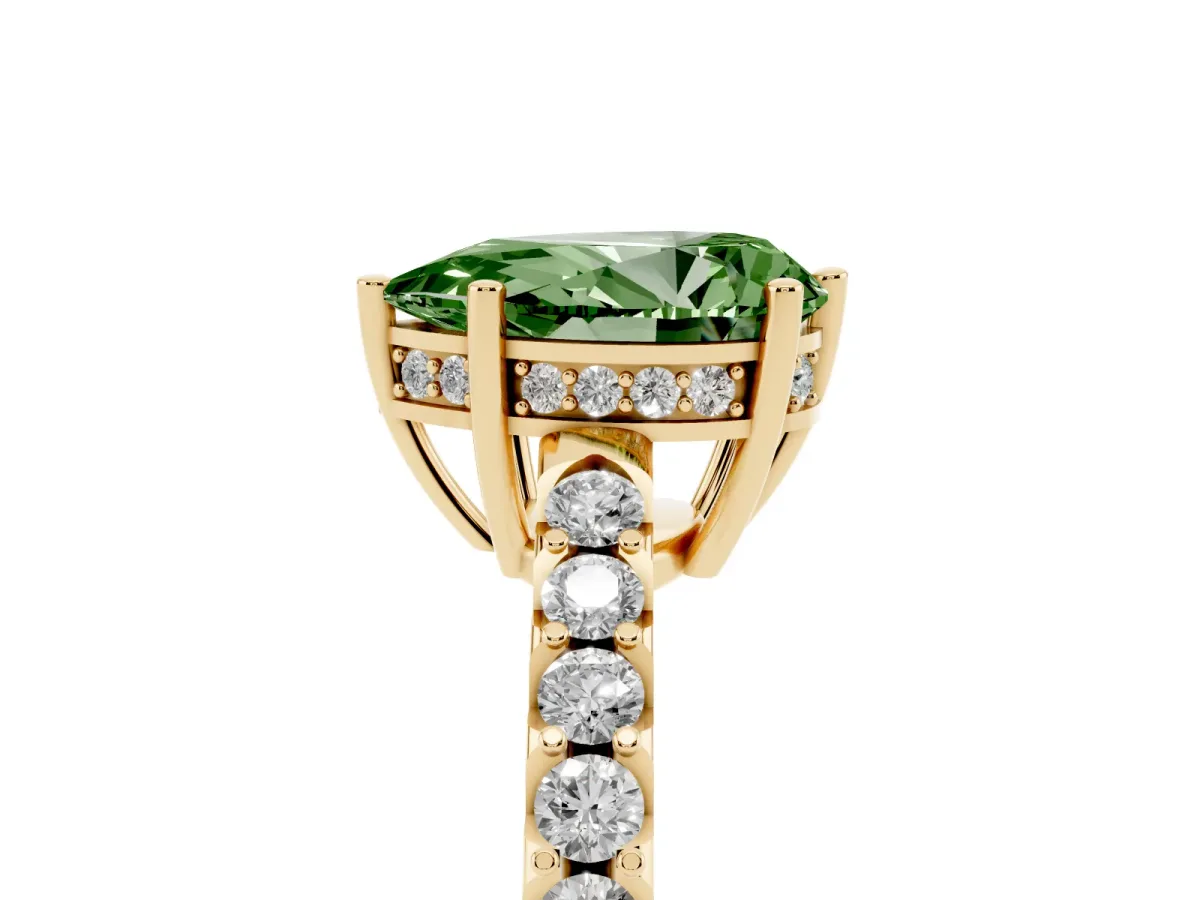 Fancy Green Pear Cut Solitaire Diamond Engagement Ring with Pavé Band and Six-Prong Setting Yellow gold