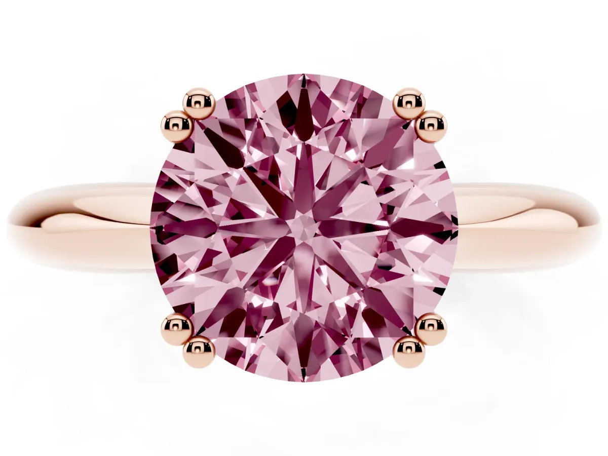 Fancy Pink Round Cut Cut Solitaire Engagement Ring with Tapered Band and Four-Prong Setting Rose gold