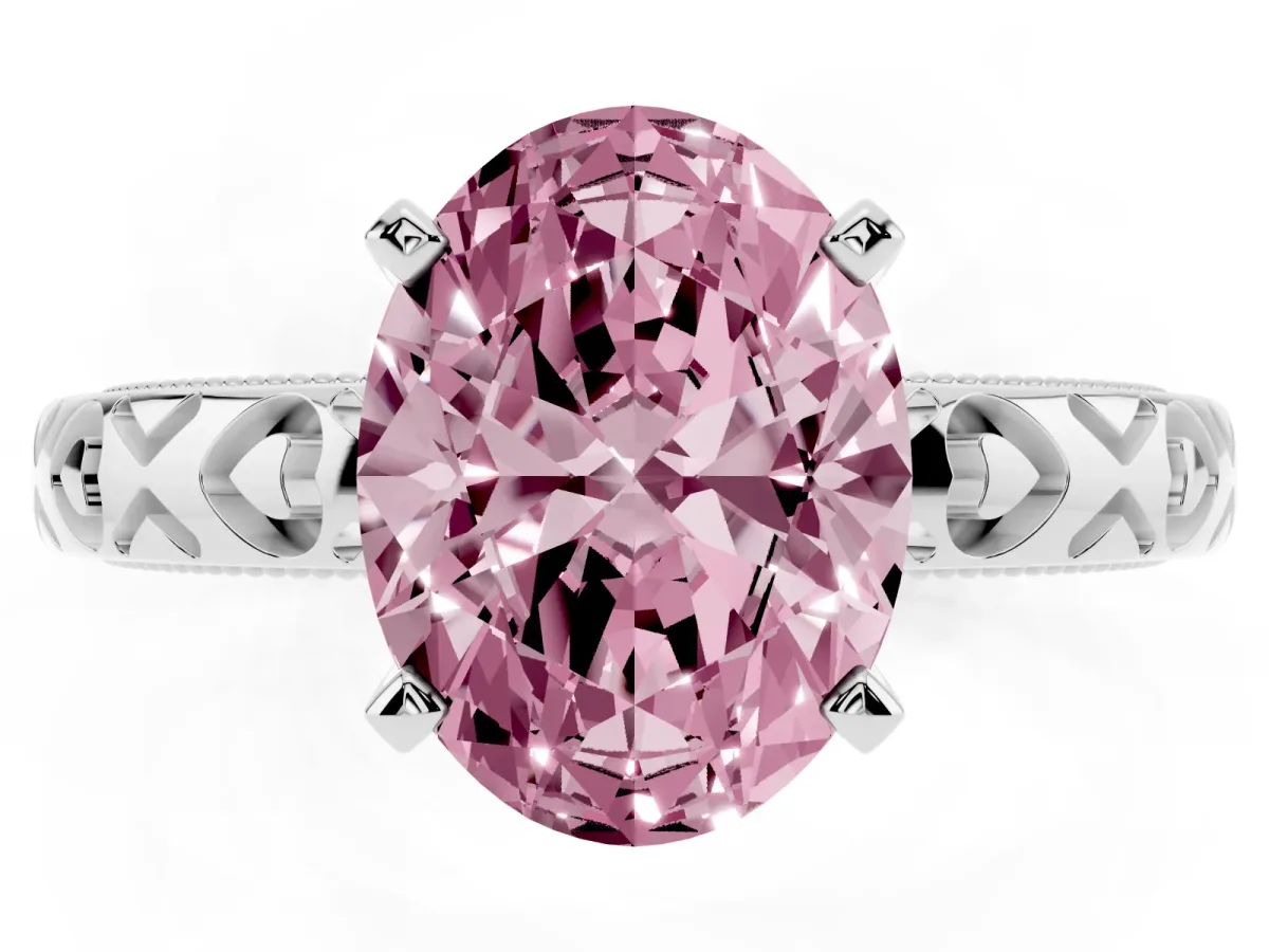 Fancy Pink Oval Cut Solitaire Diamond Engagement Ring with XO Engraved Band and Four-Prong Setting Platinum