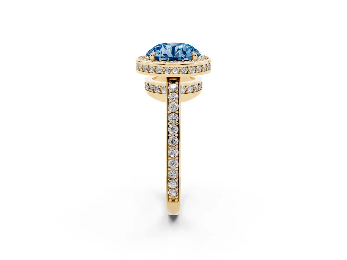 Fancy Blue Round Cut Halo Pave Band Solitaire Ring with Prong Setting Yellow gold