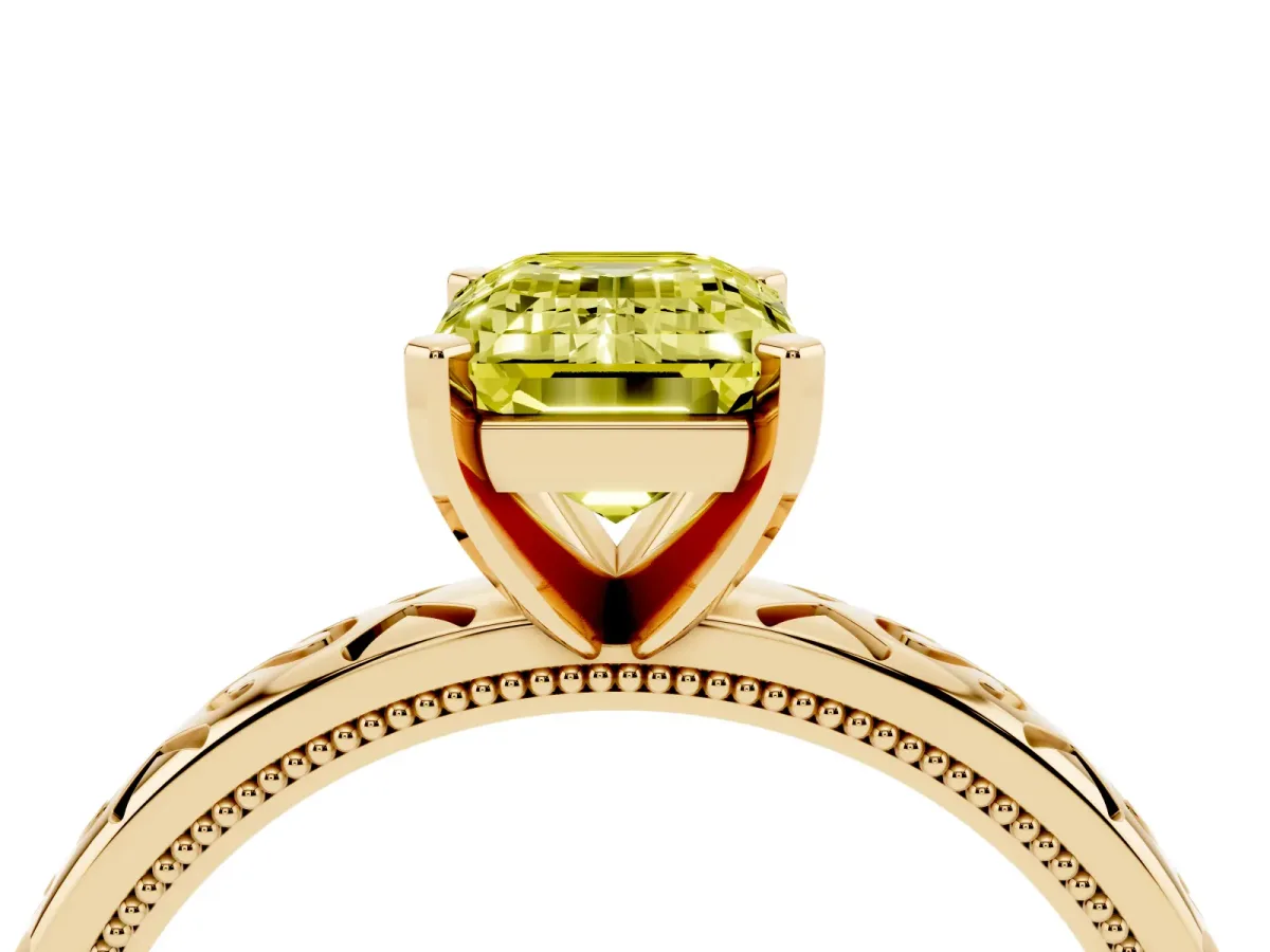 Fancy Yellow Emerald Cut Solitaire Engagement Ring with Scrollwork Band and Four-Prong Setting Yellow gold