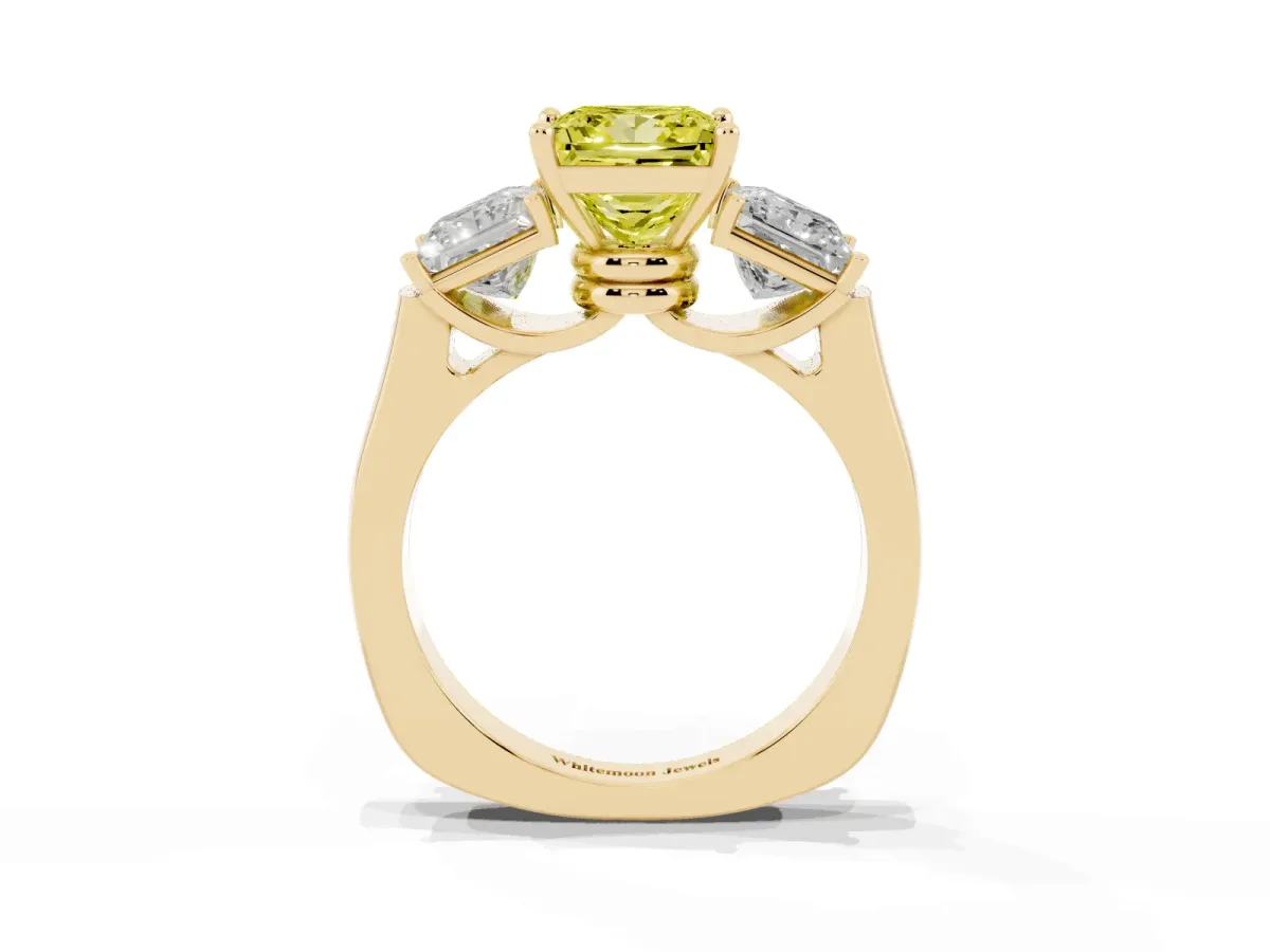 Fancy Yellow Three-Stone Princess Cut Brilliant Diamond Trellis Ring with Comfort Fit Band Yellow gold