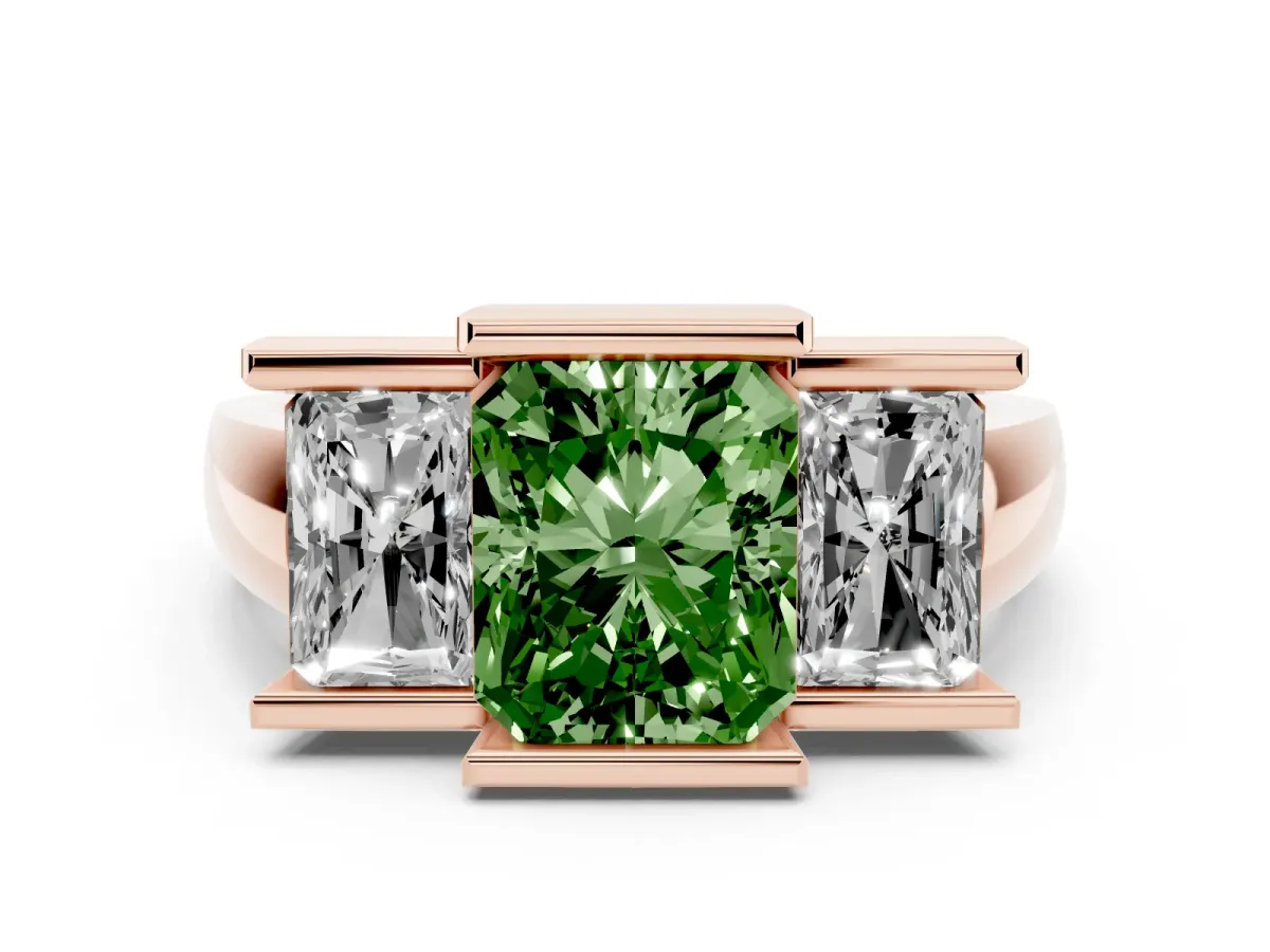 Fancy Green Three Stone Radiant Cut Cut Channel Set Diamond Ring Rose gold