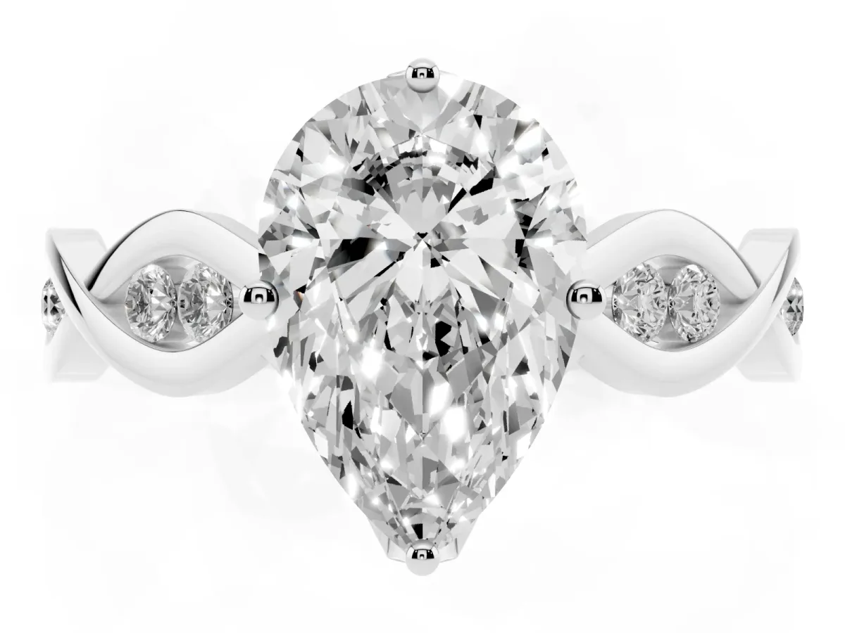 Pear Cut Solitaire Twist Band with Leaf Prong Setting White gold