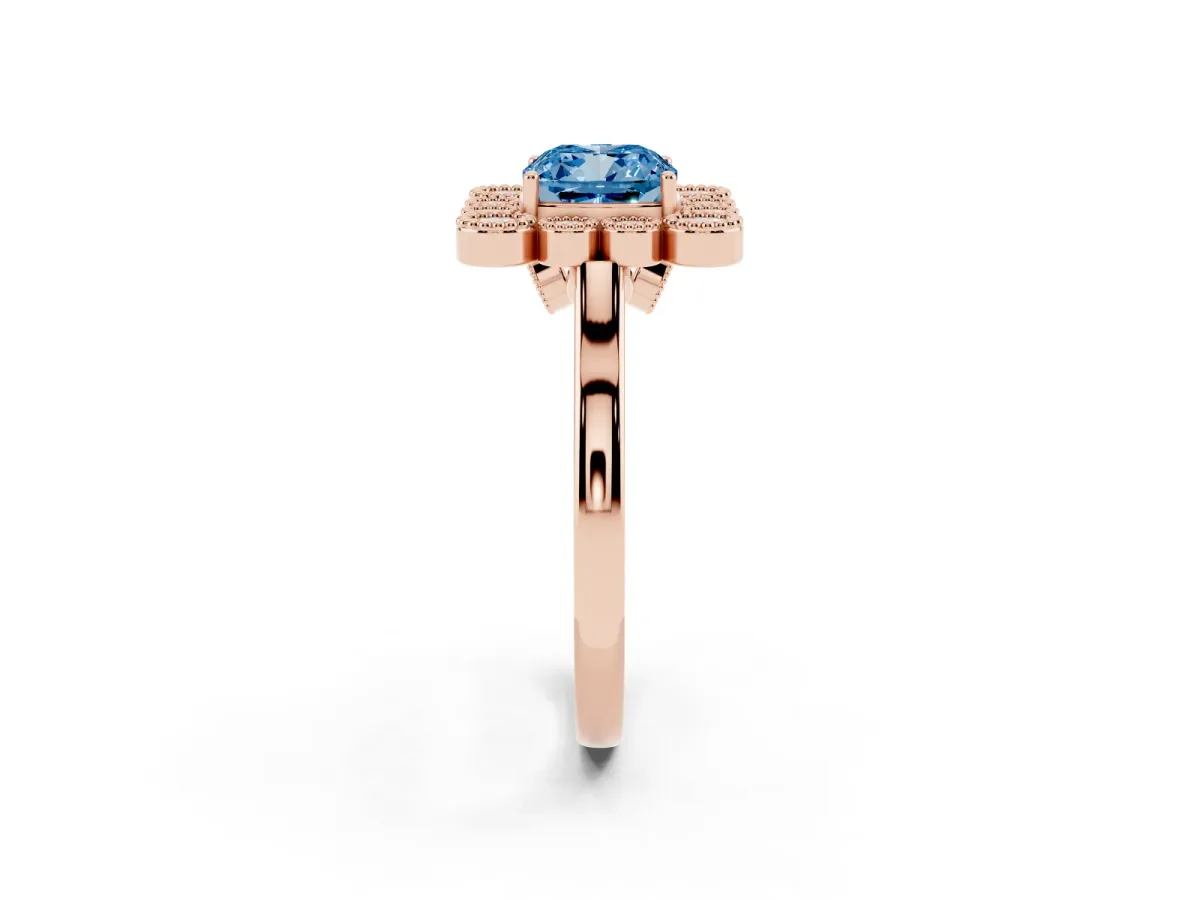 Fancy Blue Cushion Cut Halo Diamond Cluster Engagement Ring with Milgrain Bezel Setting and Solitaire Band Rose gold