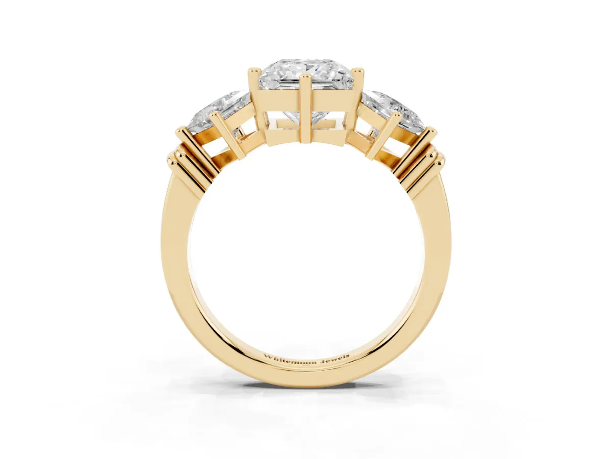 Three-Stone Princess Cut and Princess Cut Diamond Ring with Channel Band and Four-Prong Setting Yellow gold