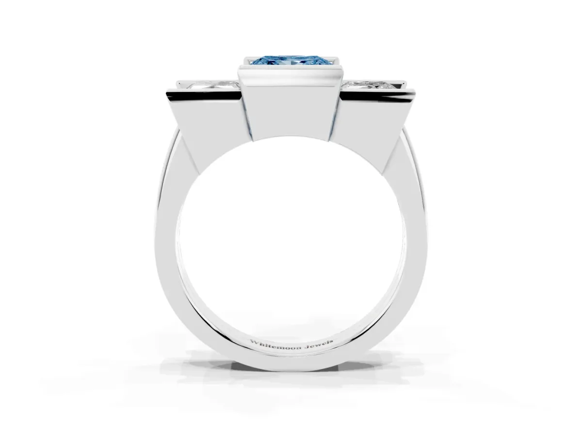 Fancy Blue Three Stone Princess Cut Cut Channel Set Diamond Ring Silver