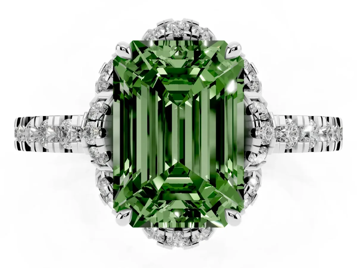 Fancy Green Emerald Cut Diamond Halo Pave Band with Four-Prong Setting Silver