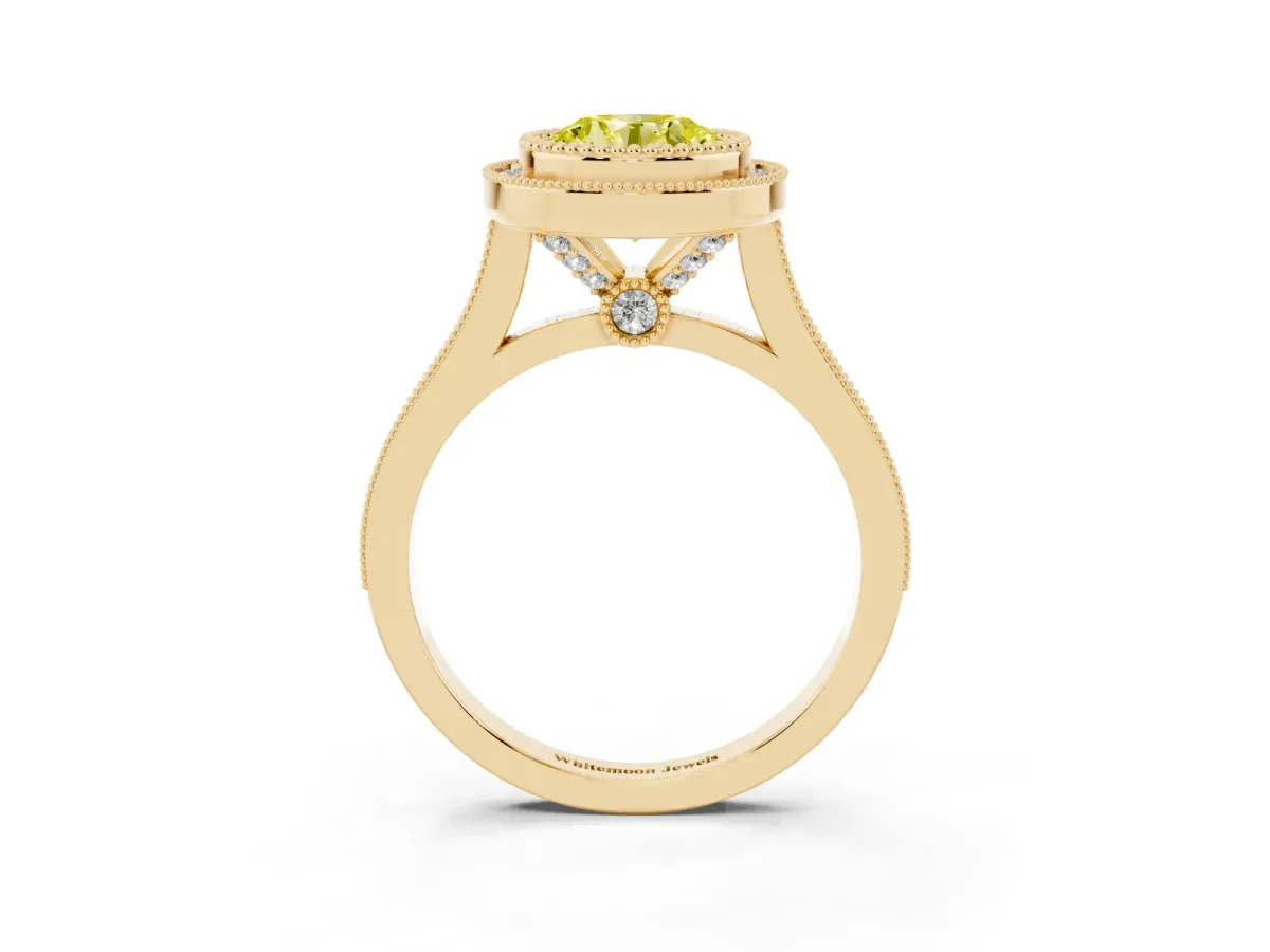 Fancy Yellow Round Cut Diamond Halo Ring with Milgrain Frame and Pavé Band Yellow gold