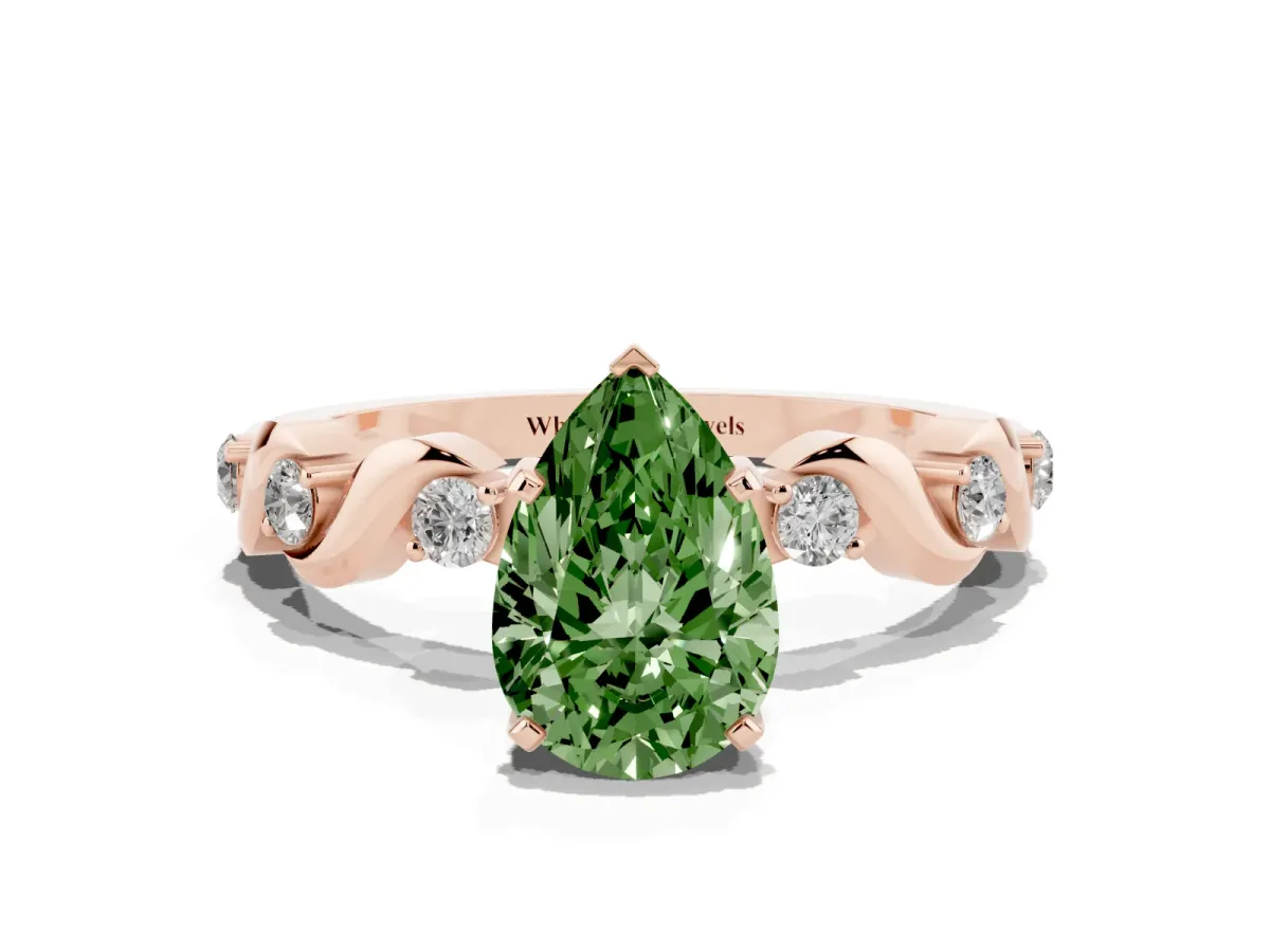Fancy Green Pear Cut Diamond Solitaire Twisted Band with Round Accents and Prong Setting Rose gold