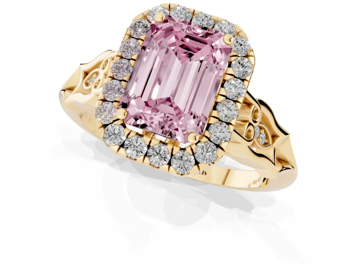 Fancy Pink Emerald Cut Halo Diamond Engagement Ring with Filigree Band and Four-Prong Setting Yellow gold