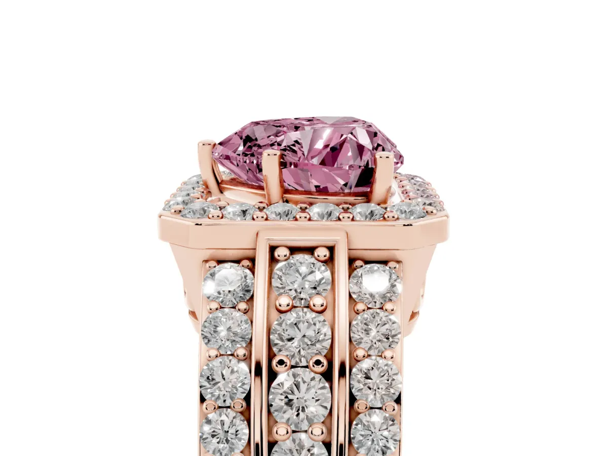 Fancy Pink Heart Cut Halo Diamond Ring with Round Split Shank and Prong Setting Rose gold