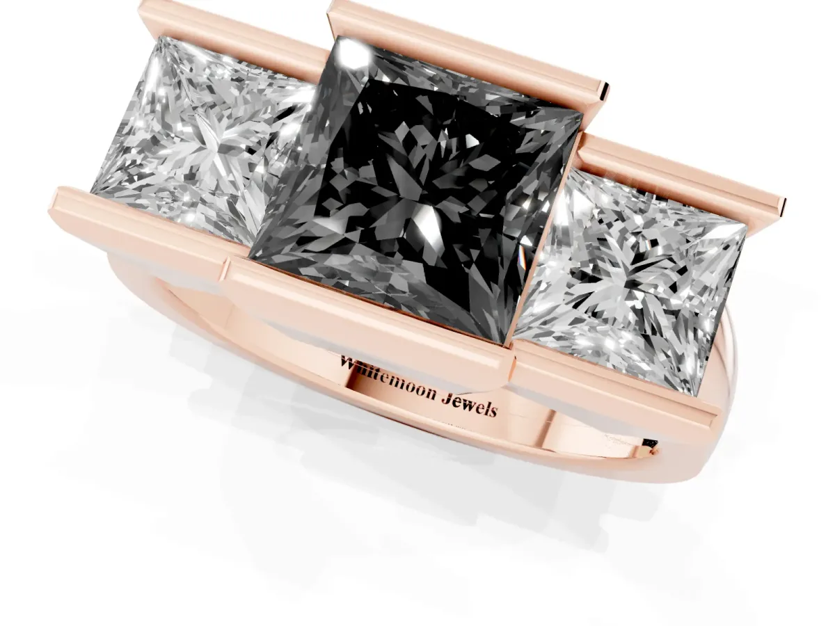 Fancy Black Three Stone Princess Cut Cut Channel Set Diamond Ring Rose gold