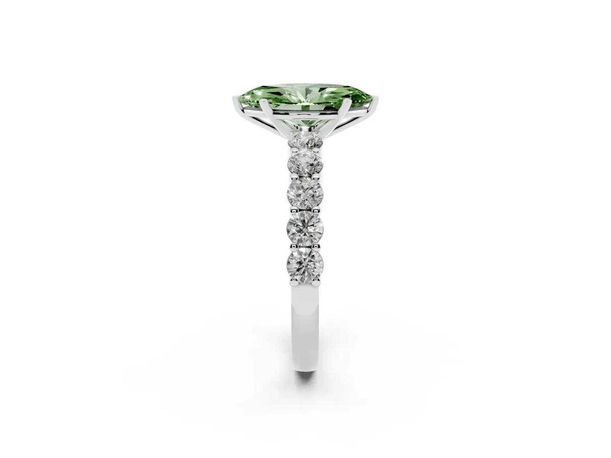 Fancy Green Marquise Cut Diamond Solitaire Ring with Shared Prong Round Side Stones Silver