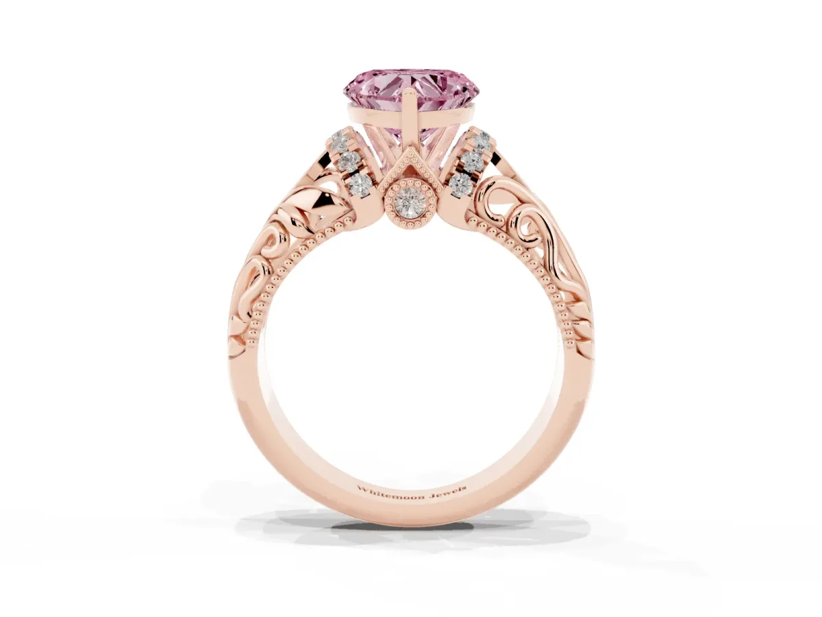 Fancy Pink Heart Cut Solitaire Filigree Engagement Ring with Halo and Prong Setting Rose gold