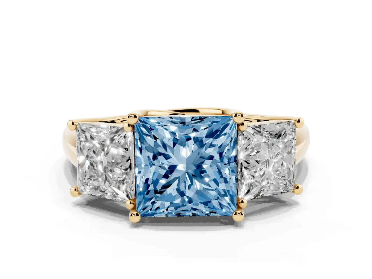 Fancy Blue Three-Stone Princess Cut Diamond Engagement Ring with Prong Setting Yellow gold