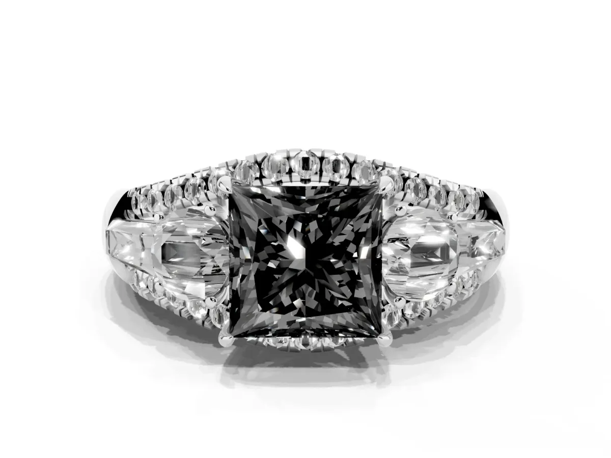 Fancy Black Three-Stone Princess Cut Diamond Engagement Ring with Pave Band and Prong Setting Silver