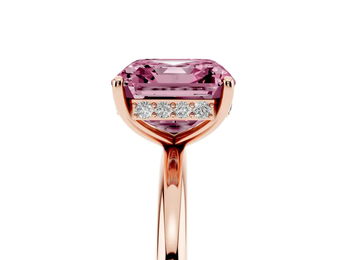 Fancy Pink Asscher Cut Solitaire Diamond Ring with a Classic Band and Four-Prong Setting Rose gold
