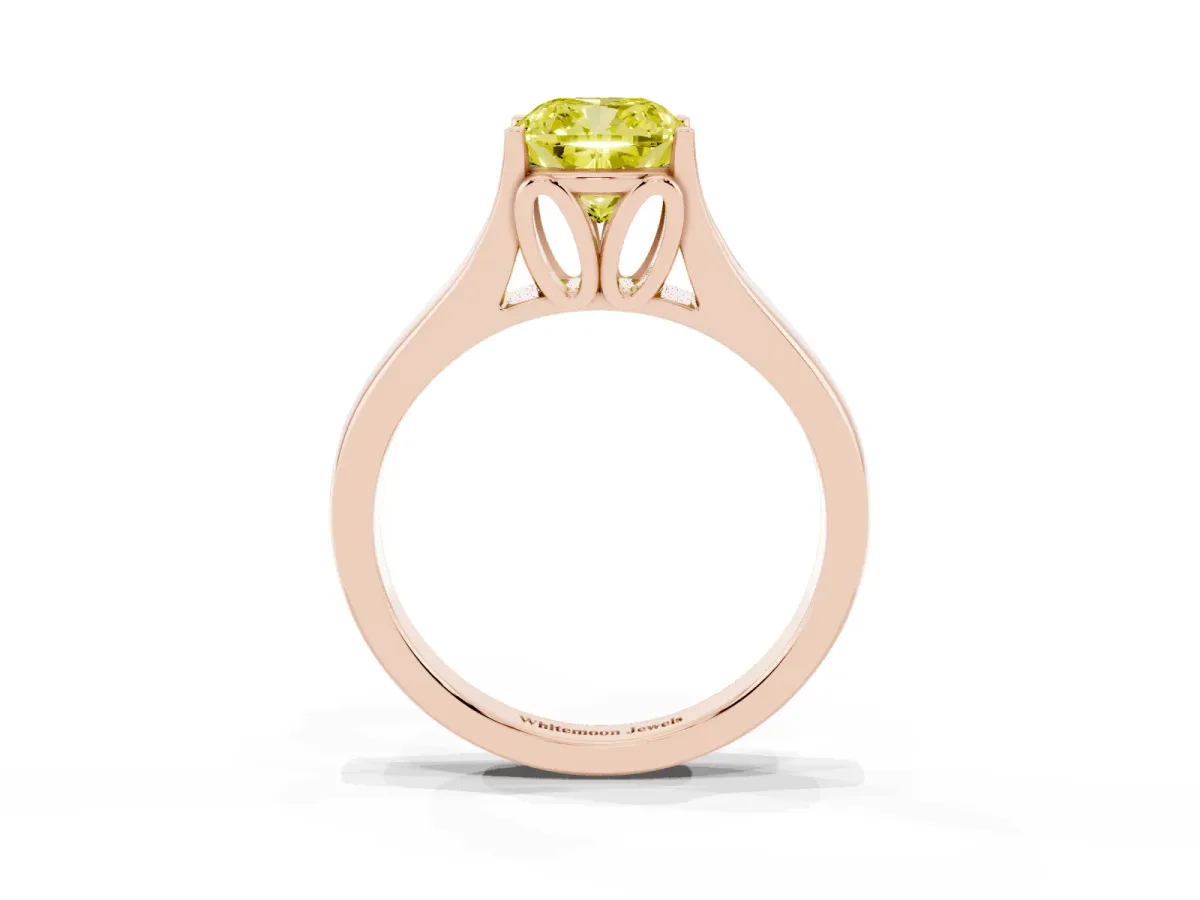 Fancy Yellow Cushion Cut Solitaire Diamond Ring with Cathedral Band and Four-Prong Setting Rose gold