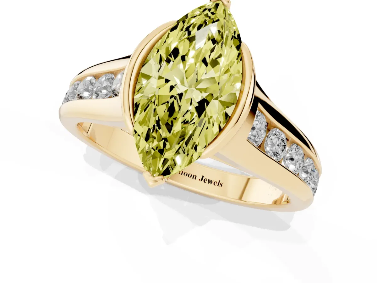 Fancy Yellow Marquise Cut Solitaire Bezel-Set Diamond Ring with Channel-Set Band Yellow gold