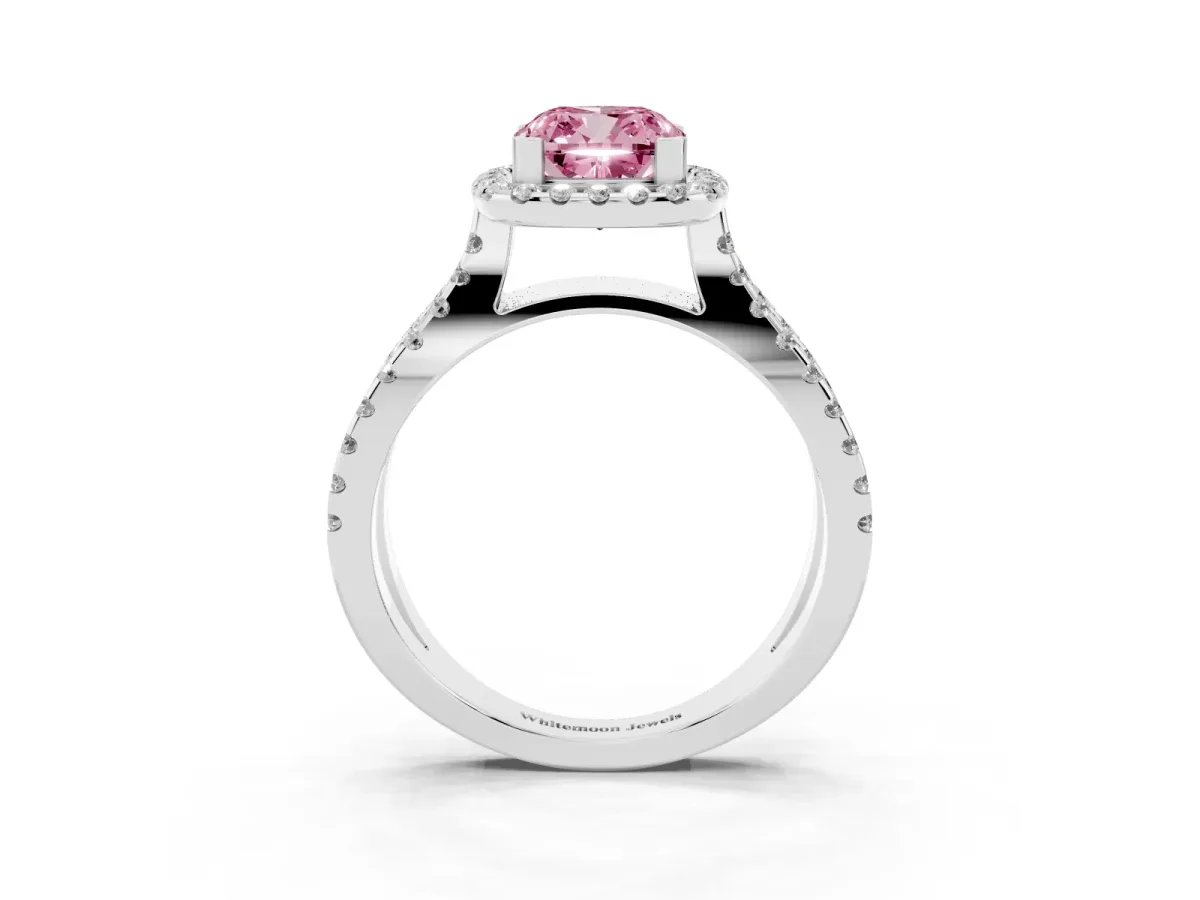 Fancy Pink Cushion Cut Diamond Halo Ring with Split Shank Pavé Band and Prong Setting Platinum