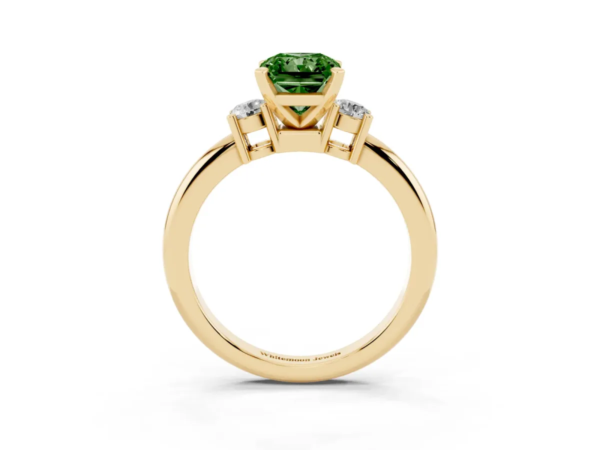 Fancy Green Three-Stone Radiant Cut Cut Diamond Solitaire with Prong Setting and Classic Band Yellow gold