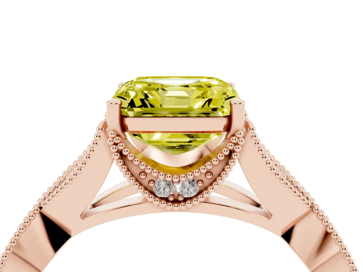 Fancy Yellow Asscher Cut Cut Diamond Twisted Band with Milgrain Pave Setting and Four-Prong Setting Rose gold