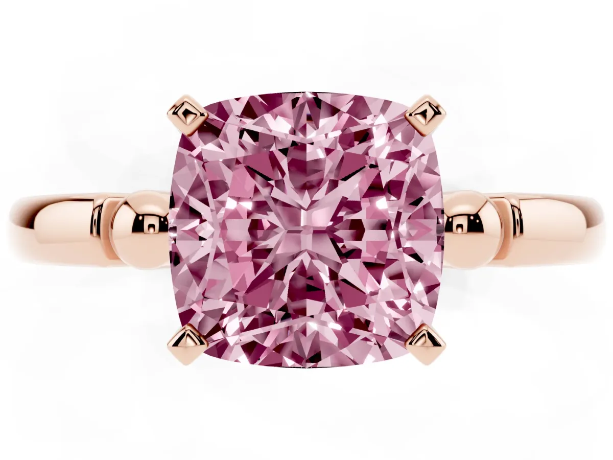 Fancy Pink Cushion Cut Solitaire Beaded Band with Four-Prong Setting Rose gold