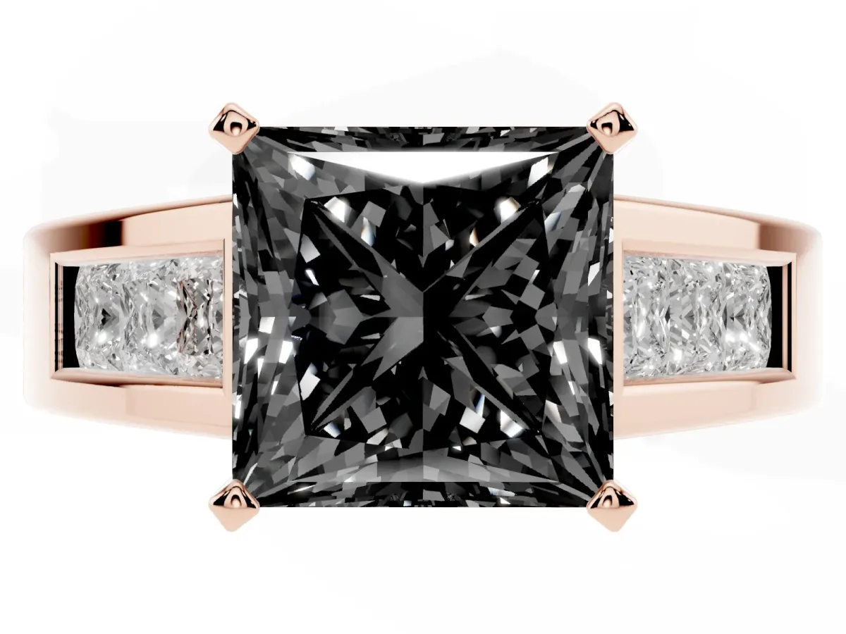 Fancy Black Princess Cut Cut Channel Set Solitaire Ring with Four-Prong Setting Rose gold