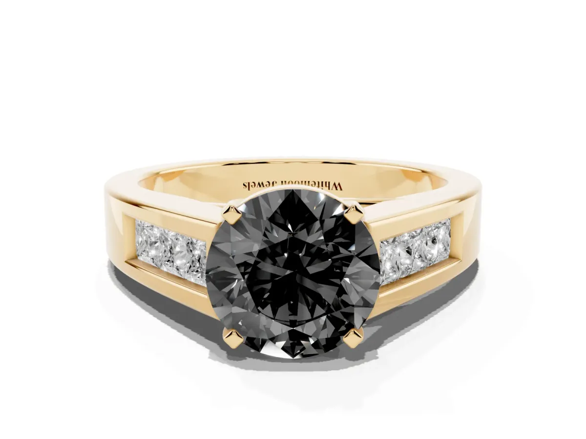 Fancy Black Round Cut Cut Channel Set Solitaire Ring with Four-Prong Setting Yellow gold
