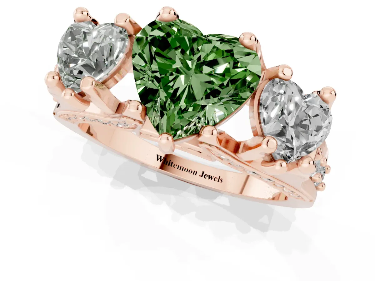 Fancy Green Heart Cut Diamond Three-Stone Ring with Channel Set Band and Four-Prong Setting Rose gold