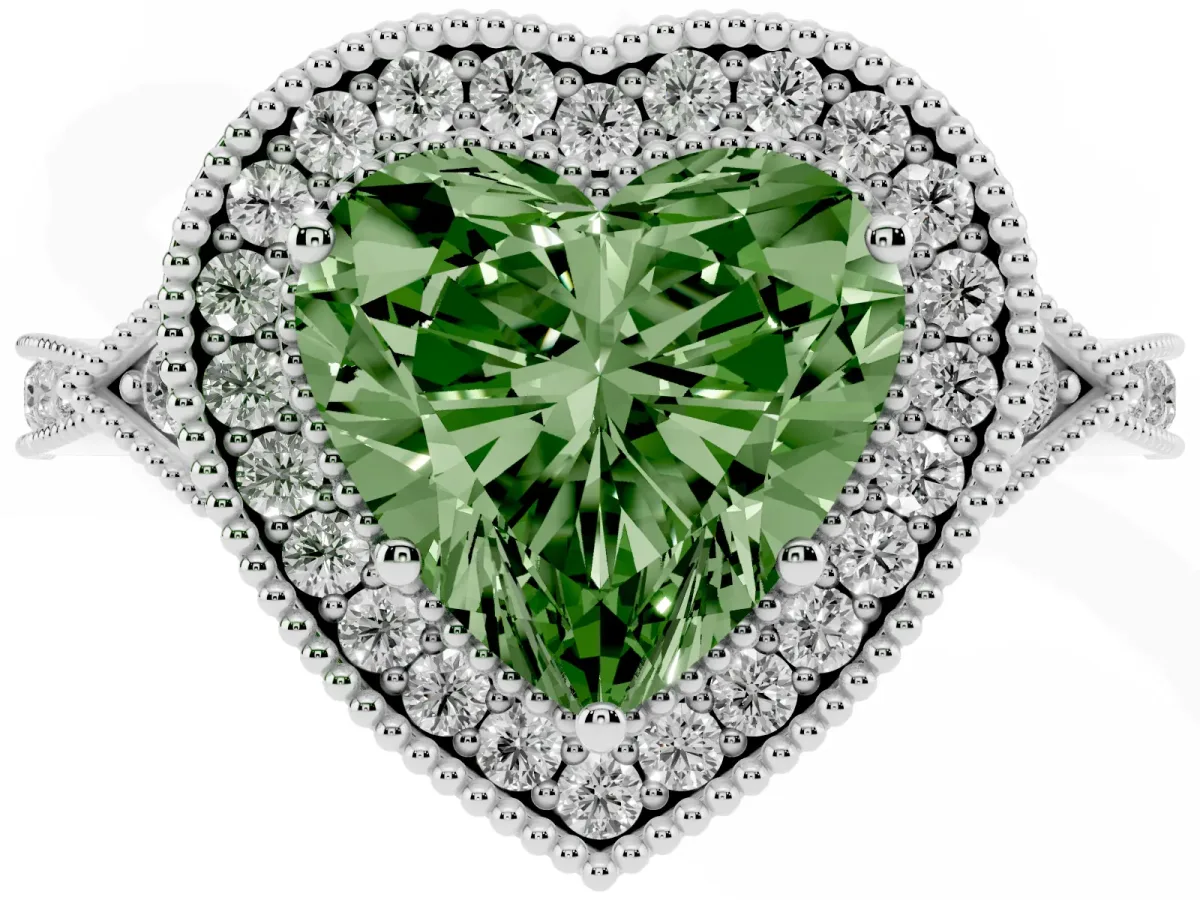 Fancy Green Heart Cut Halo Round Diamond Milgrain Pave Engagement Ring Platinum