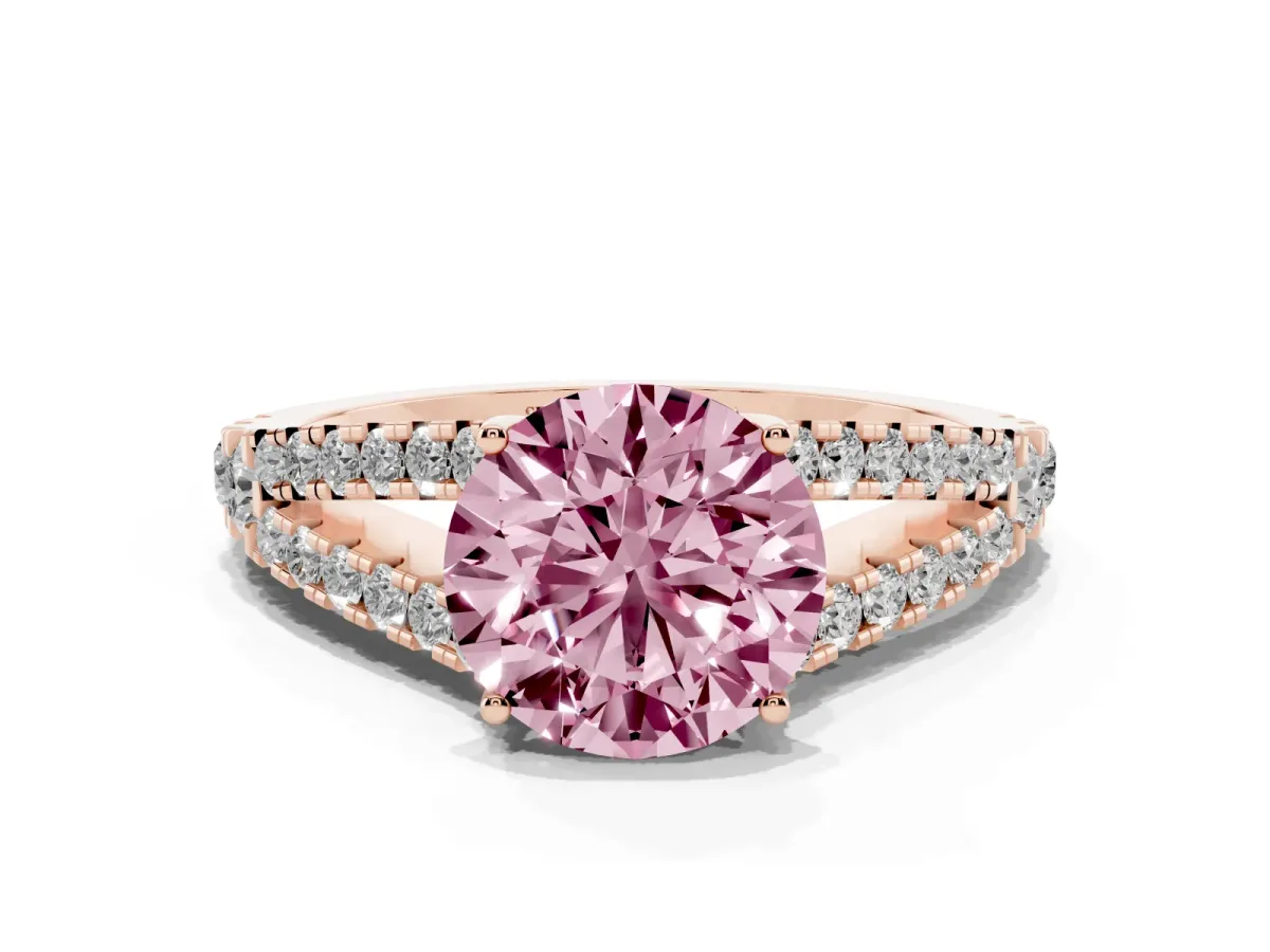 Fancy Pink Round Cut Diamond Split Shank Engagement Ring with Round Pavé and Prong Setting Rose gold