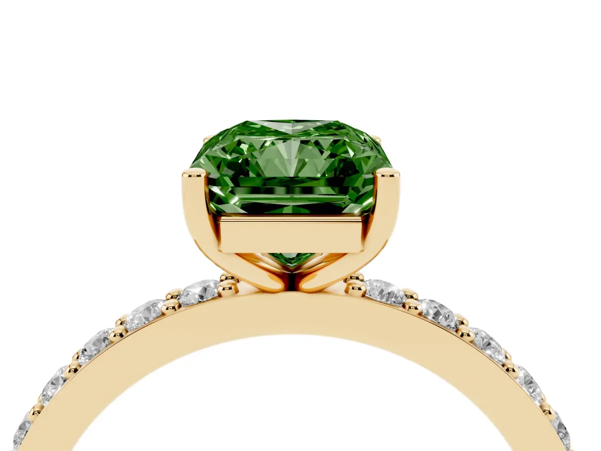 Fancy Green Radiant Cut Cut Diamond Solitaire with Pave Band and Four-Prong Setting Yellow gold