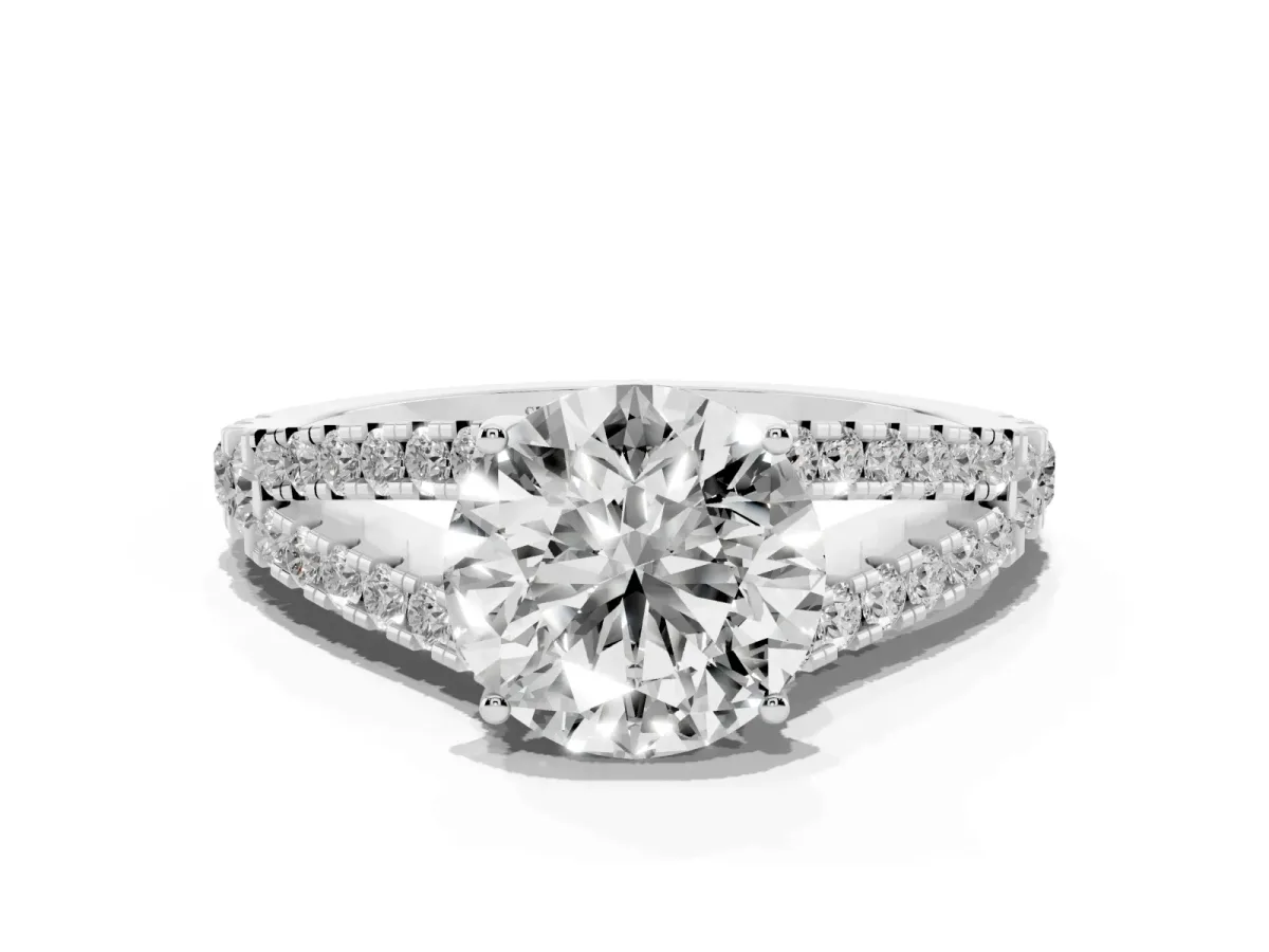Round Cut Diamond Split Shank Engagement Ring with Round Pavé and Prong Setting Silver
