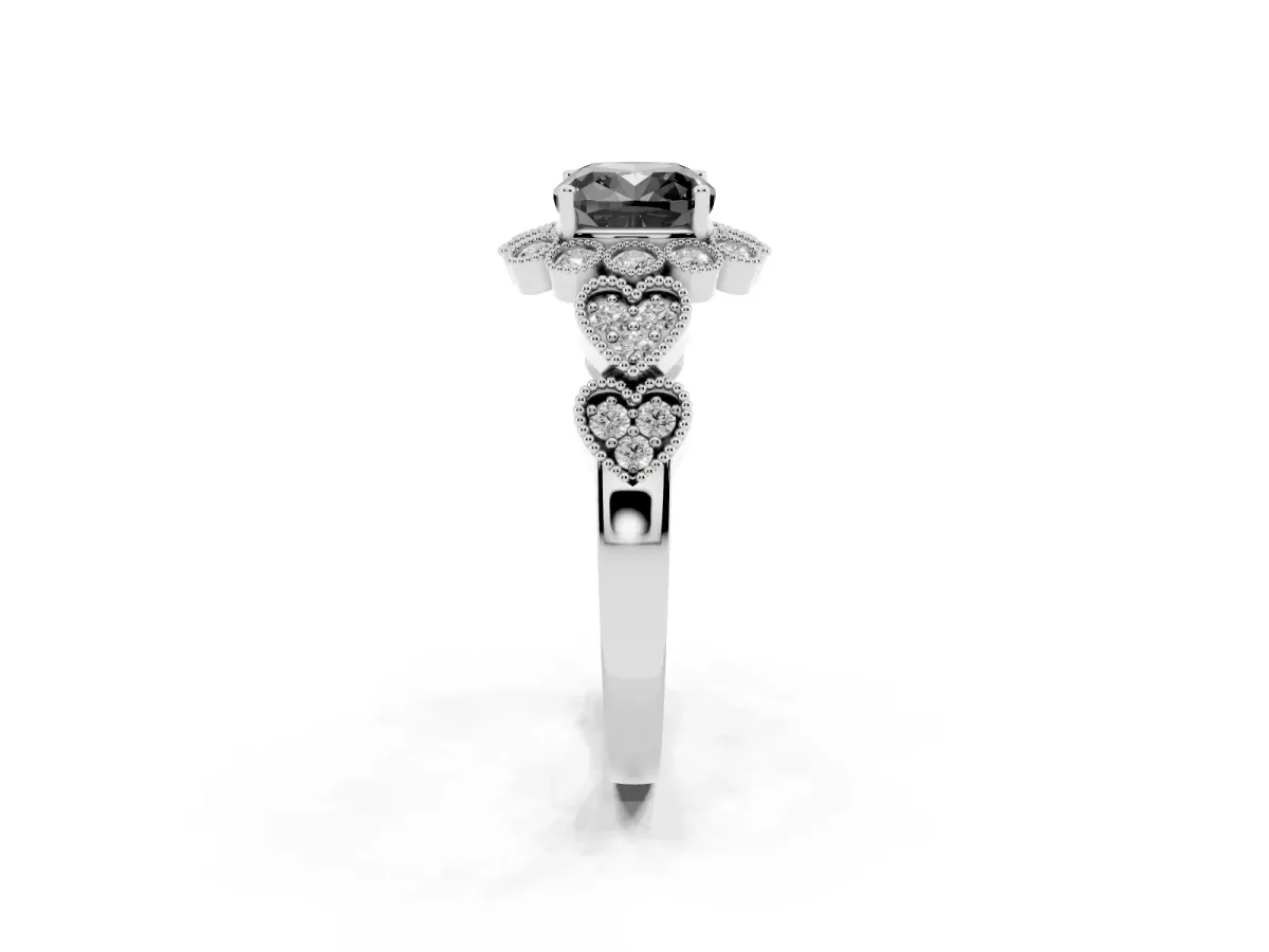 Fancy Black Cushion Cut Brilliant Milgrain Pave Heart Band Solitaire Ring Silver