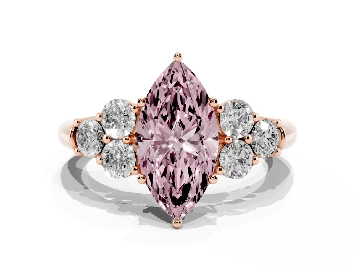 Fancy Pink Marquise Cut Cut Diamond Cluster Ring with Round Accent Stones and Prong Setting on a Classic Band Rose gold