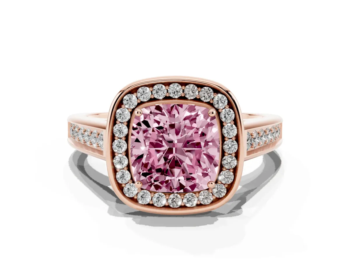 Fancy Pink Cushion Cut Halo Solitaire Diamond Ring with Pave Band and Bezel Setting Rose gold
