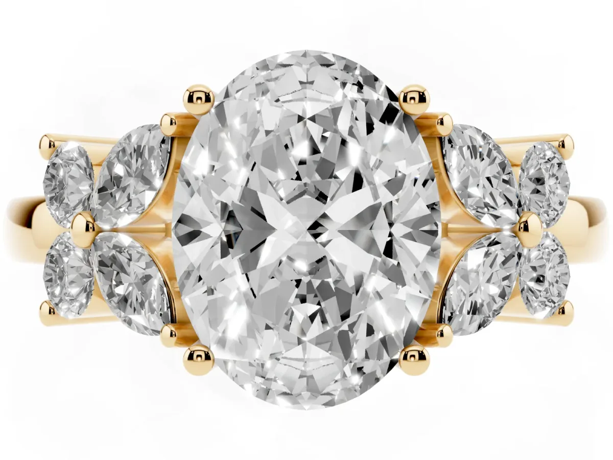 Oval Cut Diamond Floral Cluster Ring with Solitaire Band and Prong Setting Yellow gold