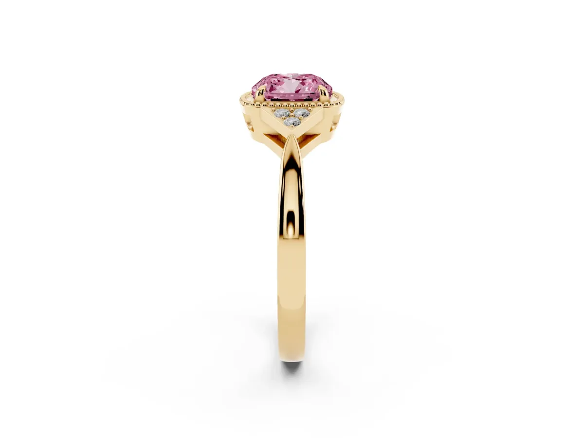 Fancy Pink Hexagonal Halo Cushion Cut Diamond Solitaire with Pavé Band and Four-Prong Setting Yellow gold