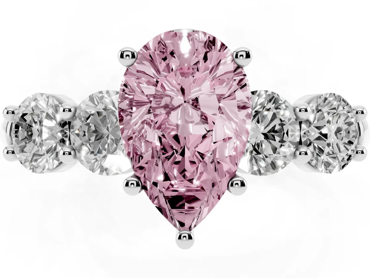 Fancy Pink Pear Cut Cut Five-Stone Prong Set Diamond Ring with Classic Band Platinum
